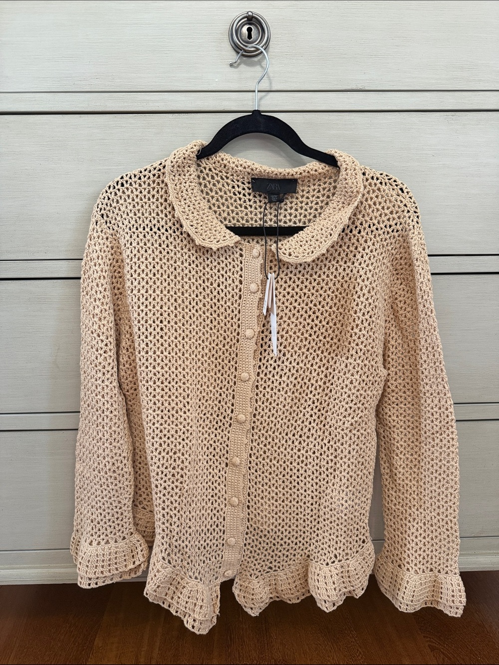 Zara Beige Crochet Button-Front Cardigan with Peter Pan Collar
